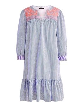*NWT* J. Crew Embroidered Striped Popover Dress + Smocking, Ruffle Hem & Pockets